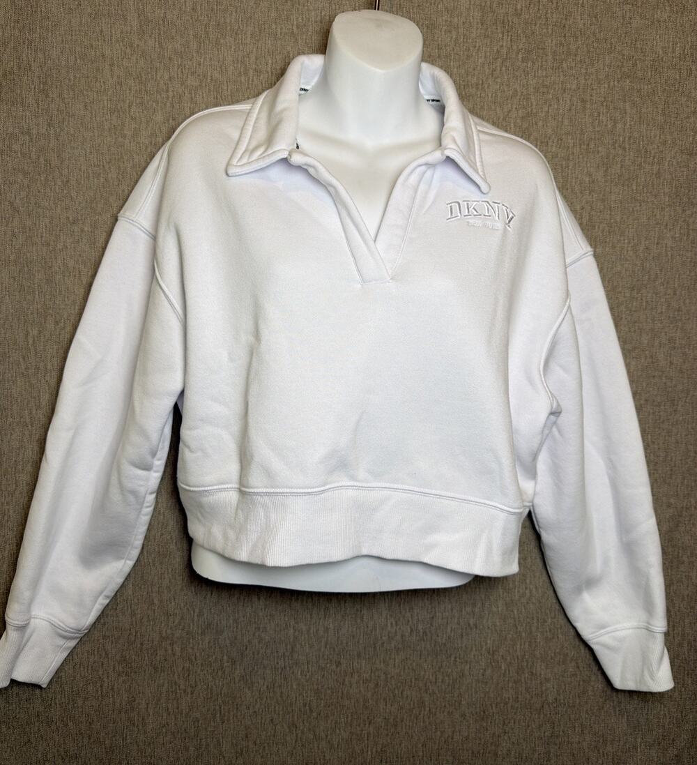 DKNY Cropped White Pullover Sweatshirt XS Minimal Preppy Casual Sportswear